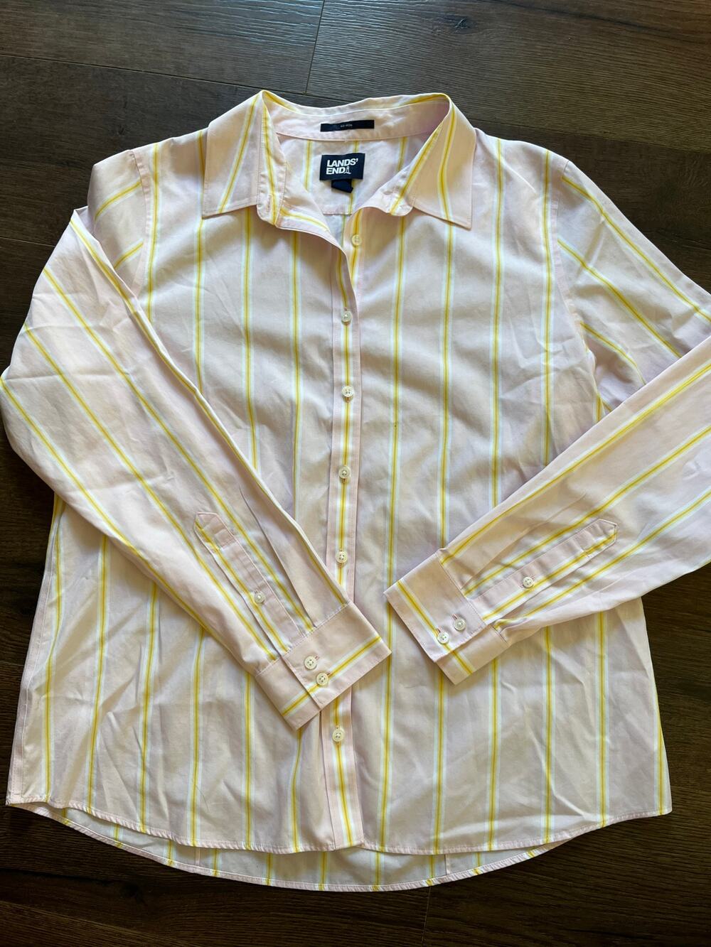 Lands’ End Womens 12 No Iron Cotton Button Down Shirt Pink Yellow Stripe